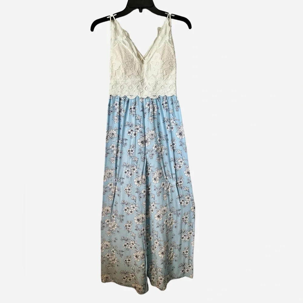 White and Floral Blue Medium Jumpsuit